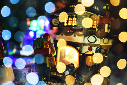 Christmas Miniature Model Town Shop With Bokeh