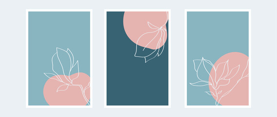 vector magnolia botanical wall art vector set blue tone boho foliage line art drawing with abstract shape. Vector illustration © Iren Art