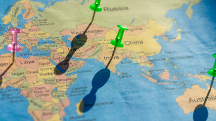 Location Pin on India on a World Map. Global Mapping. Close up. Location based marketing background...