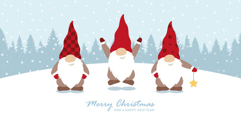 christmas greeting card with cute christmas dwarf and snowy landscape