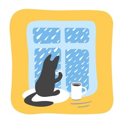 Sweet black cat eats a cookie and drinks coffee at the window. Vector illustration.