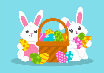 Happy Easter. Cute white bunnies are holding Easter eggs. Beautiful gift card. Colored flat vector illustration isolated on blue background. Cartoon character.