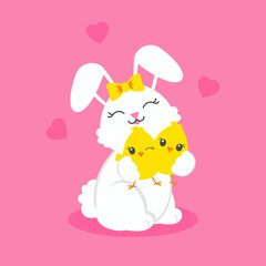 Cheerful rabbit with cute chickens. Colored flat vector illustration isolated on pink background. Cartoon character.