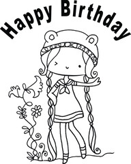 Cartoon little princess holding birthday cake happy birthday card