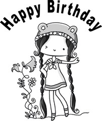 Cartoon little princess holding birthday cake happy birthday card