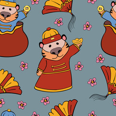 Seamless Pattern with Chinese Tiger with a Gold Bullion, Pattern with a Chinese Tiger, Wealth and Prosperity Vector Cartoon Illustration