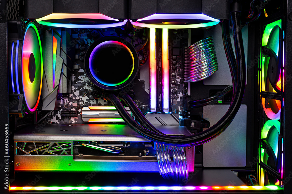 Poster inside view black high end custom colorful illuminated bright rainbow rgb led gaming pc. computer po