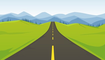 Straight highway mountainous road. Long asphalt road with yellow markings directed towards horizon colorful fields with trees on sides vector.