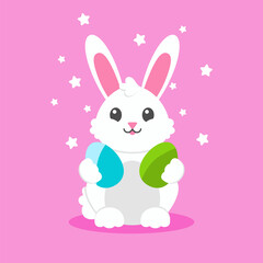Happy Easter. Cheerful rabbit with gift egg. Colored flat vector illustration isolated on pink background. Cartoon character.