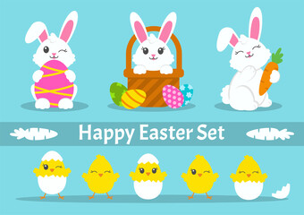 Happy Easter. Set of little cute rabbits. Carrot, bunny, eggs, chicken, basket. Colored flat vector illustration isolated on green background. Cartoon character.