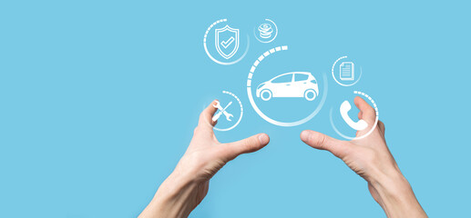 Digital composite of Man holding car icon.Car automobile insurance and car services concept. Businessman with offering gesture and icon of car