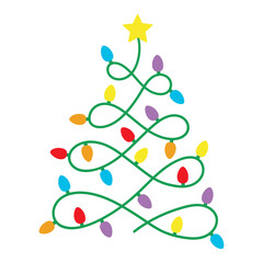 Glowing string light bulb garland in Christmas fir tree shape. Colorful Christmas tree made of light bulb. Merry  Christmas. 