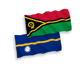 National vector fabric wave flags of Republic of Vanuatu and Republic of Nauru isolated on white background. 1 to 2 proportion.