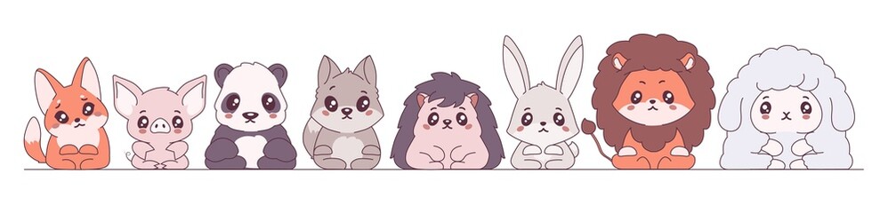 Fototapeta premium Cute anime animals. Cheerful kawaii lion cub and sheep adorable hedgehog with hare and pensive fox with pig smiling panda and vector squirrel