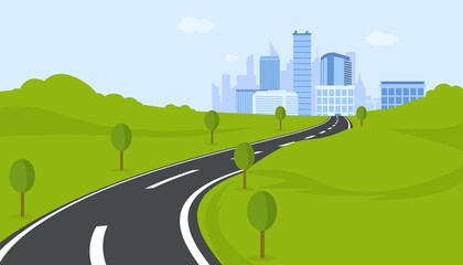 Central winding highway to metropolis. Curve marked road towards city green fields and trees on sides in picturesque vector landscape