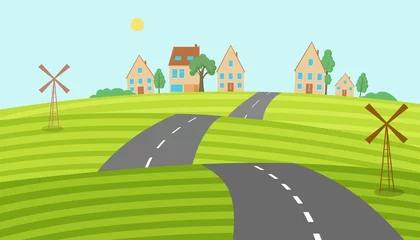 Fotobehang Lime groen Highway is laid through hilly fields to village. Winding circular roads next to houses green summer landscape with trees and vector grass.  © Богдан Скрипник