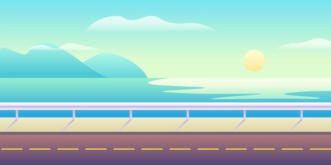 Highway on seaside. Asphalt road with markings along ocean coast colorful blue waves and rising vector sun with clouds.
