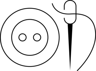 Needle Thread Button Needlework Vector Art. Black and white. White background. One line drawing.