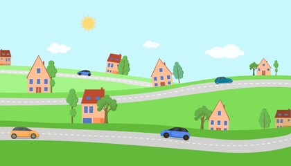 Highway road in village. Cars drive on winding circular roads next to houses green summer landscape with trees and vector grass.