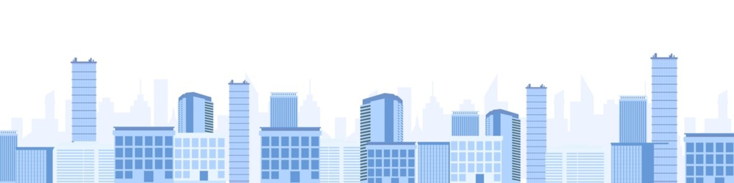 City landscape with skyscrapers. Modern metropolis with blue industrial and residential buildings creative architecture with silhouettes of glass and vector concrete.