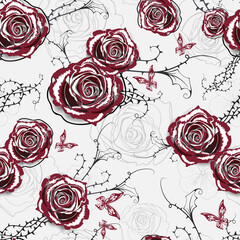 Vector seamless pattern with red roses and butterflies