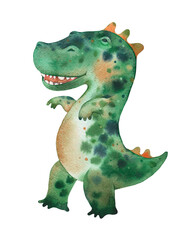 Dinosaur cartoon, tyrannosaurus. Watercolor illustration on a white background. 