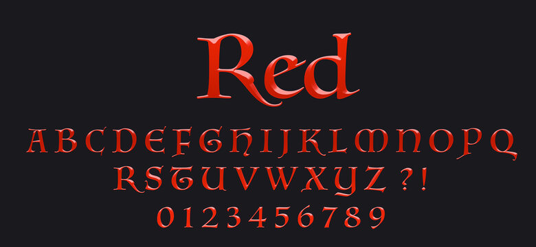 Beautiful Red Font On A Dark Background. Full Alphabet. Letters And Numbers. 3D Vector Illustration