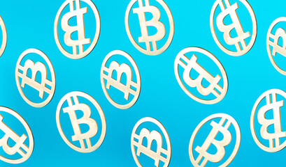 Fototapeta premium Bitcoin Pattern golden coins symbol on blue background. Virtual cryptocurrency bitcoin the future gold coin concept. 3D illustration Background Art.