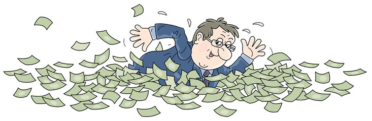 Happy fat lucky businessman wallow in a sea of money, vector cartoon illustration on a white background