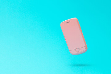 Blank copy space with pink 3d smartphone icon against blue background. 3D illustration design template background. Top mobile phone message. Advertisement idea.
