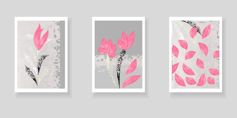 Botanical set backgrounds with abstract pink flowers and petals, grunge and watercolor textures. Minimalistic floral backgrounds for wall decor, posters, book covers, social media design.