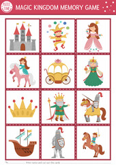 Vector Fairytale memory game cards with cute traditional fantasy symbols. Magic kingdom matching activity. Remember and find correct card. Simple printable worksheet for kids with castle.