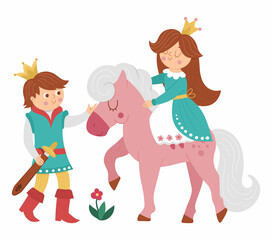 Fairy tale prince with princess on a pink horse on white background. Vector fantasy young monarch in crown with girl. Medieval fairytale characters. Cartoon magic sovereign icon. Love scene.