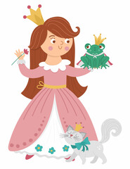 Fairy tale vector princess with frog prince and cat. Fantasy girl in crown isolated on white background. Medieval fairytale maid in pink dress. Girlish cartoon magic icon with cute character. © Lexi Claus