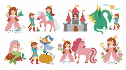 Fairy tale vector princess set. Fantasy girl collection. Medieval fairytale maid in pink dress. Girlish cartoon magic icons pack. Cinderella, sleeping beauty, frog prince, mermaid scenes.