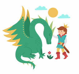 Fototapeta premium Fairy tale prince with dragon isolated on white background. Vector fantasy young monarch in crown with magic creature. Medieval fairytale characters. Cartoon magic sovereign icon.