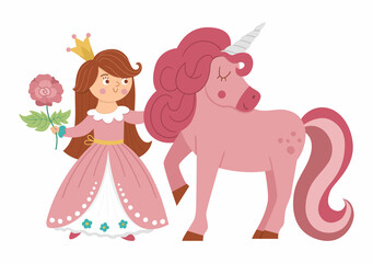 Fairy tale vector princess with unicorn and rose. Fantasy girl in crown isolated on white background. Medieval fairytale maid in pink dress. Girlish cartoon magic icon with cute character..