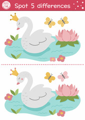 Find differences game for children. Fairytale educational activity with cute swan princess. Magic kingdom puzzle for kids with fantasy character. Fairy tale printable worksheet or page.