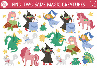 Find two same magic creatures. Fairytale matching activity for children. Fantasy kingdom educational quiz worksheet for kids for attention skills. Simple printable game with dragon, witch, unicorn.