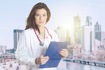Double exposure of medical doctor working with city 