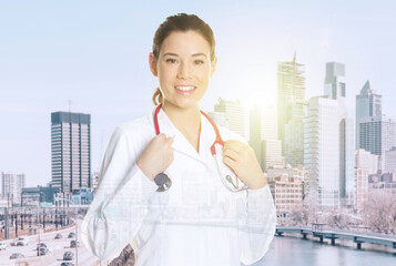 Double exposure of medical doctor working with city 