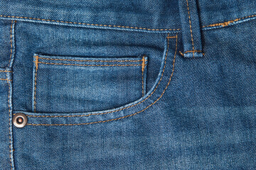 Jeans pocket close-up, front view. Blue jeans