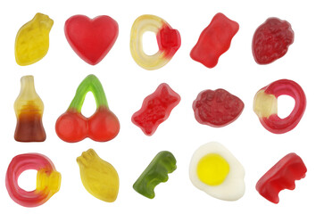 Assortment of fruit jelly candies isolated on white