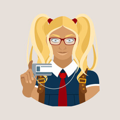 Avatar of a blonde girl with two tails in a school uniform with a plastic card in her hand. Student. Flat vector illustration.