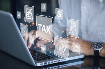 Busines using a computer to complete Individual income tax return form online for tax payment. Government, state taxes. Data analysis, paperwork, financial research, report. Calculation tax return. - obrazy, fototapety, plakaty