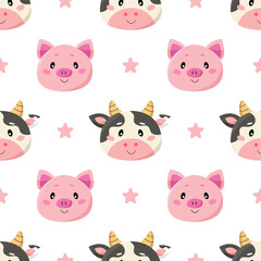 Seamless pattern with cute cartoon pigs and cows and stars isolated on white background
