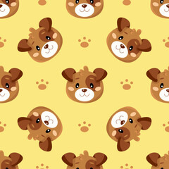 Seamless pattern with cute cartoon dogs and paws isolated on yellow background