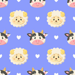 Seamless pattern with cute cartoon cows and sheep and hearts isolated on blue background
