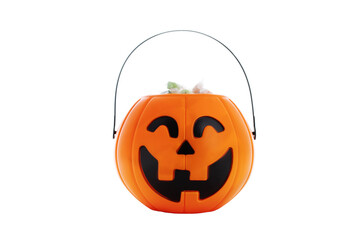 halloween pumpkin candy bowl with lollipops isolated on a white background