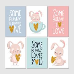 Set of cards with bunny and lettering, some bunny loves you